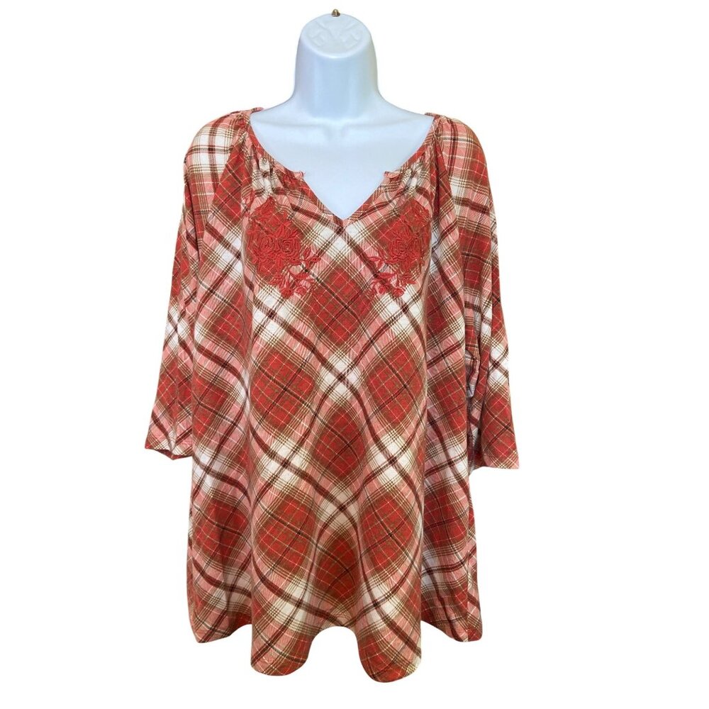 Catherines Plaid Boho Tunic Top 0X Red Embroidered Cottagecore Preppy Lagenlook